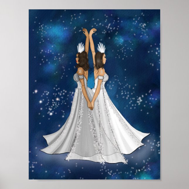 Póster Diosa zodiaca gemini en espacio celeste azul (Frente)
