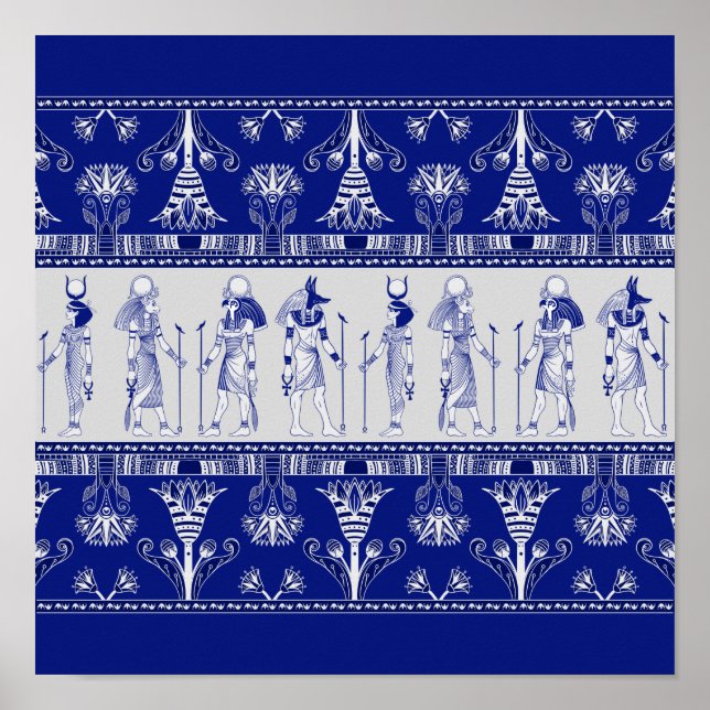 Póster Dioses egipcios y frontera ornamental - gris azul (Frente)