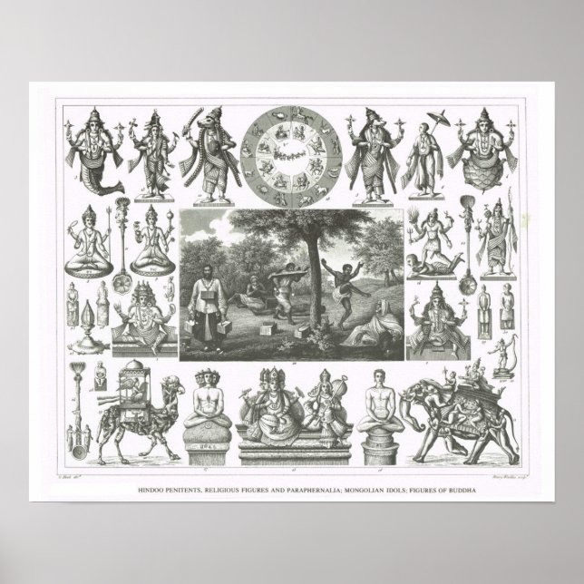 Póster Dioses hindúes, ídolos mongoles, figuras de Buda (Frente)