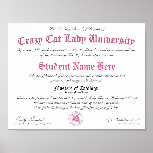Póster Diploma CCLU - Sello rosa - Retrato de gato (Frente)