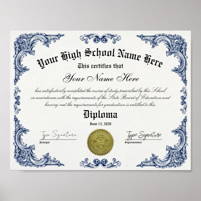 Póster Diploma de bachillerato de secundaria, certificado (Frente)