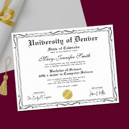 Póster Diploma de Certificado Escolar Clásico Blanco y Ne