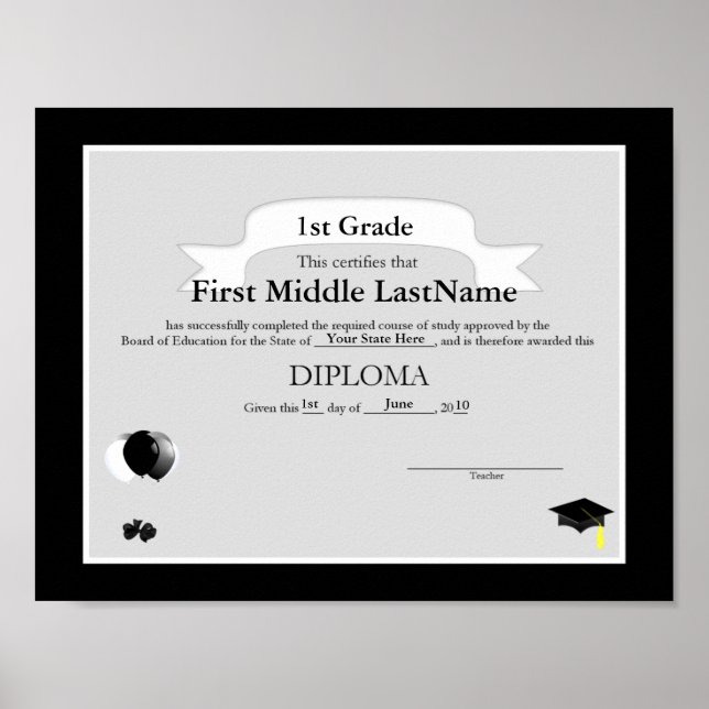 Póster Diploma de egresado de primaria en blanco y negro (Frente)