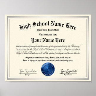 Póster Diploma de escuela secundaria con sello azul, educ