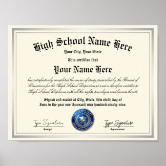 Póster Diploma de Escuela Secundaria con sello Azul Plate