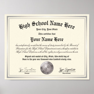 Póster Diploma de escuela secundaria con sello de plata,