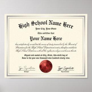 Póster Diploma de escuela secundaria con sello rojo, educ