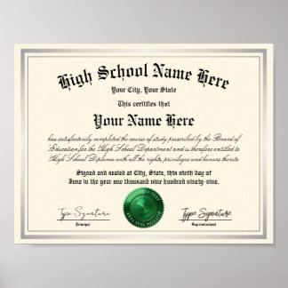 Póster Diploma de escuela secundaria con sello verde, edu