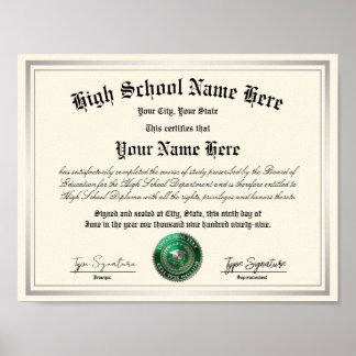Póster Diploma de escuela secundaria con sello verde-plat