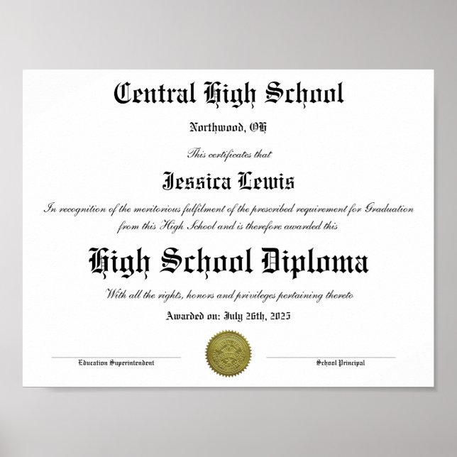 Póster Diploma de graduado de escuela secundaria (Frente)