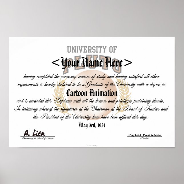 Póster Diploma de la Universidad de Pluto (Frente)