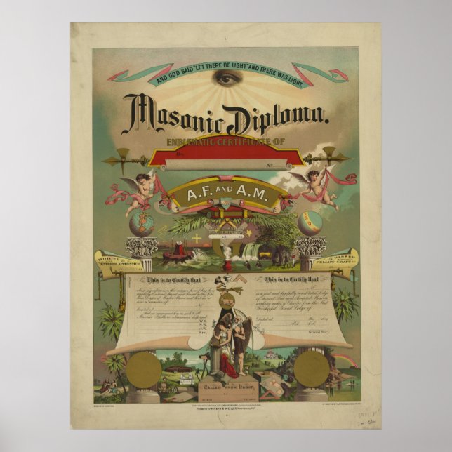 Póster Diploma masónico Freemason Freemasonry 1891 (Frente)