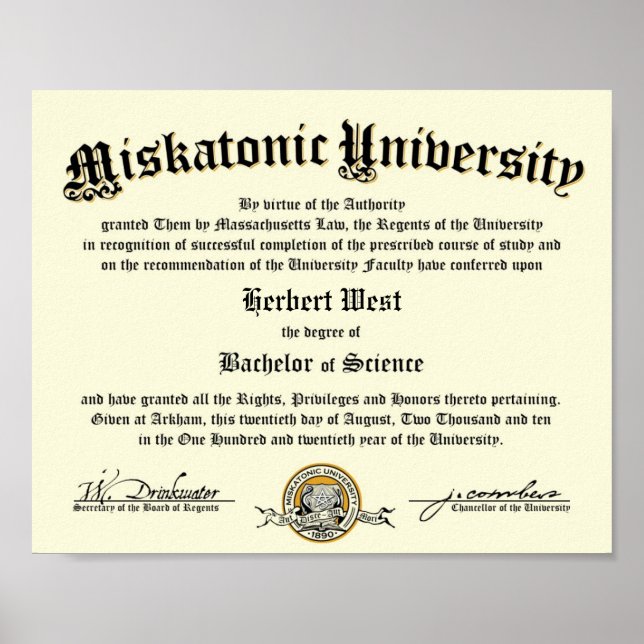 Póster Diploma universitario miskatónico (Frente)