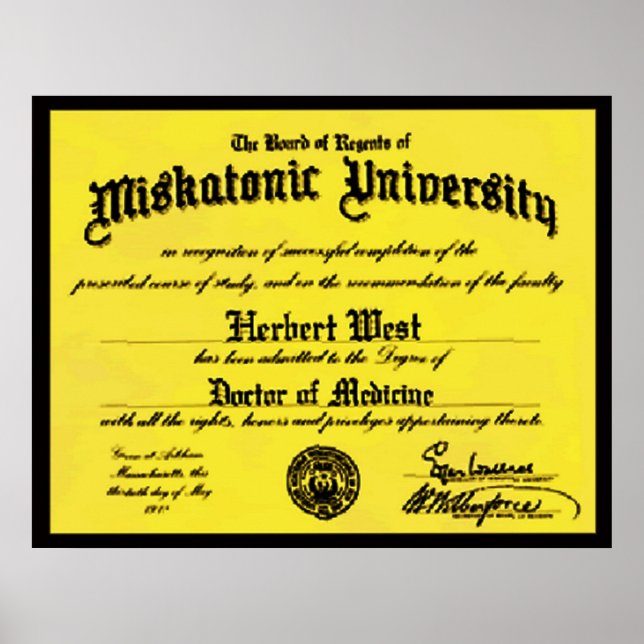 Póster Diploma universitario miskatónico Herbert West (Frente)