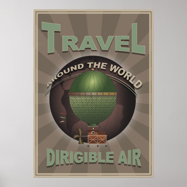 Póster Dirigible Air Steampunk Vintage World Travel (Frente)