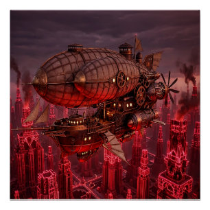 Póster Dirigible Steampunk volando sobre la ciudad