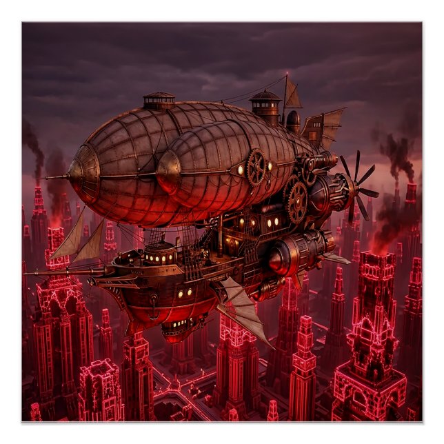 Póster Dirigible Steampunk volando sobre la ciudad (Anverso)