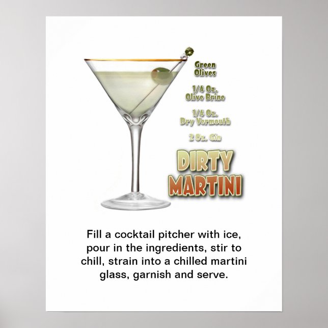 Póster Dirty Martini Cocktail Receta Art 16"x20" (Frente)