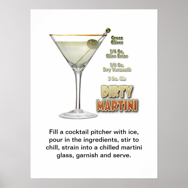 Póster Dirty Martini Cocktail Receta Art 18"x24" (Frente)