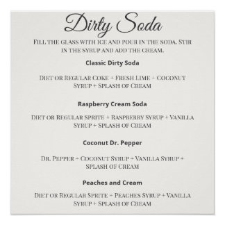 Póster Dirty Soda Bar Sign with Recipes for Wedding