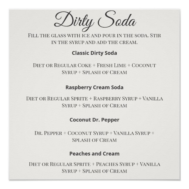 Póster Dirty Soda Bar Sign with Recipes for Wedding (Anverso)