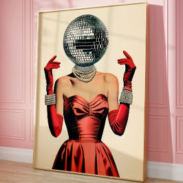 Póster Disco Ball Head Woman Wall Art, Glam Retro Fiesta