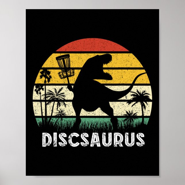 Póster Disco Golf Dinosaurio Retro Jugador de Disco Golf  (Frente)