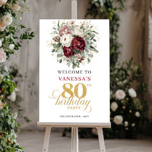 Póster Diseñador Burgundy Floral 80 Cumpleaños Bienvenida