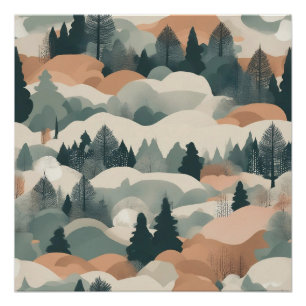 Póster Diseño abstracto de árboles y montañas