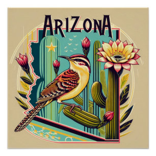 Póster Diseño Art Deco Arizona State Bird and Flower