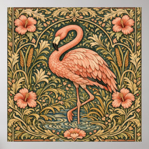 Póster diseño art nouveau de flamenco rosa vintage