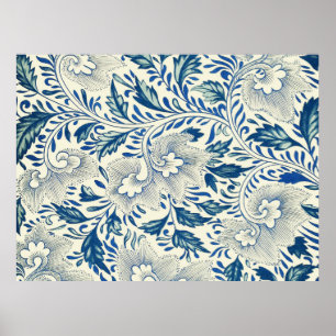 Póster Diseño asiático antiguo de patrón floral azul