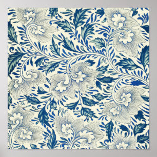 Póster Diseño asiático antiguo de patrón floral azul