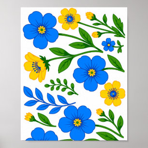Póster Diseño Botánico Floral Azul y Amarillo