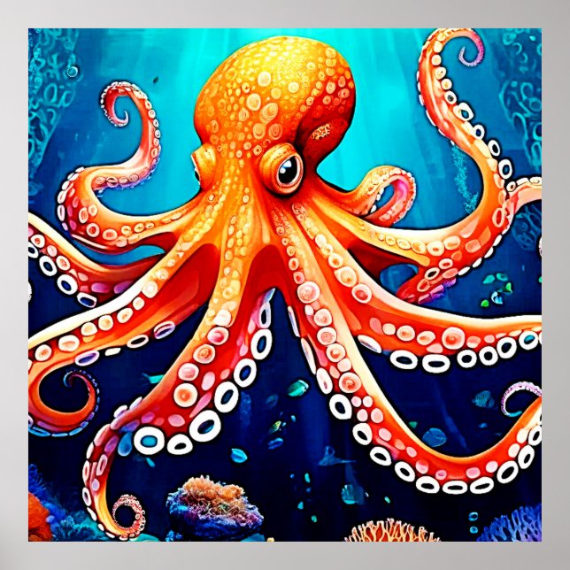 Póster Diseño brillante de pulpo en el mar profundo (Frente)
