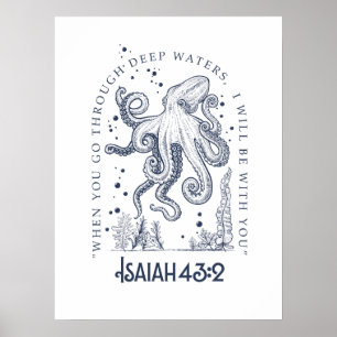 Póster Diseño Cristiano Pulpo Aguas Profundas  Isaías 43: