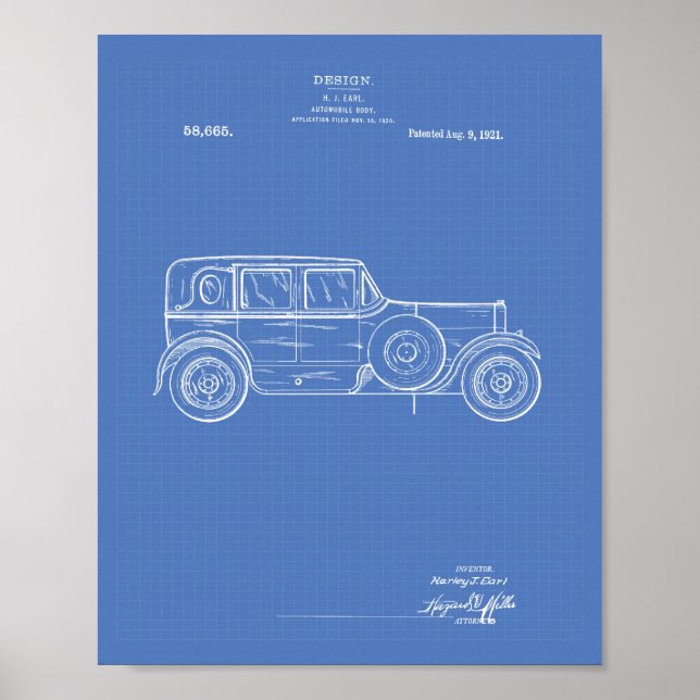 Póster Diseño Cuerpo de coches 1921 Patent Art - Blueprin (Frente)