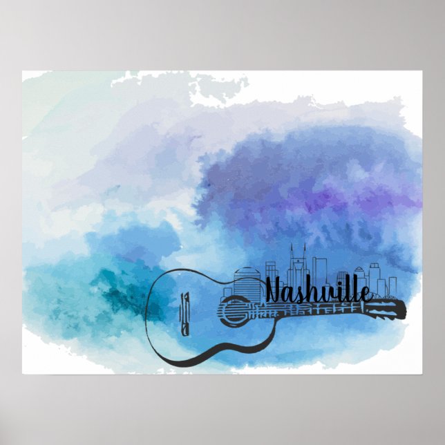 Póster Diseño de acuarela de guitarra en el horizonte de  (Frente)