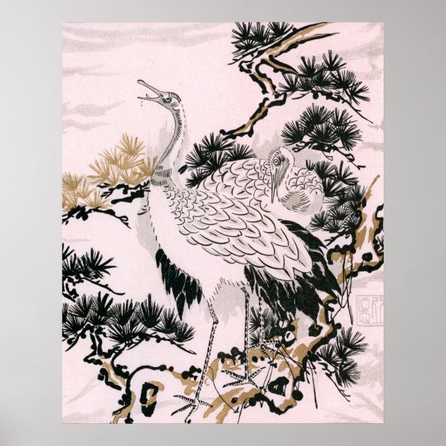 Póster Diseño de aves grúas japonesas (Frente)