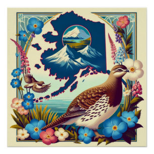 Póster Diseño de aves y flores en el estado de Alaska