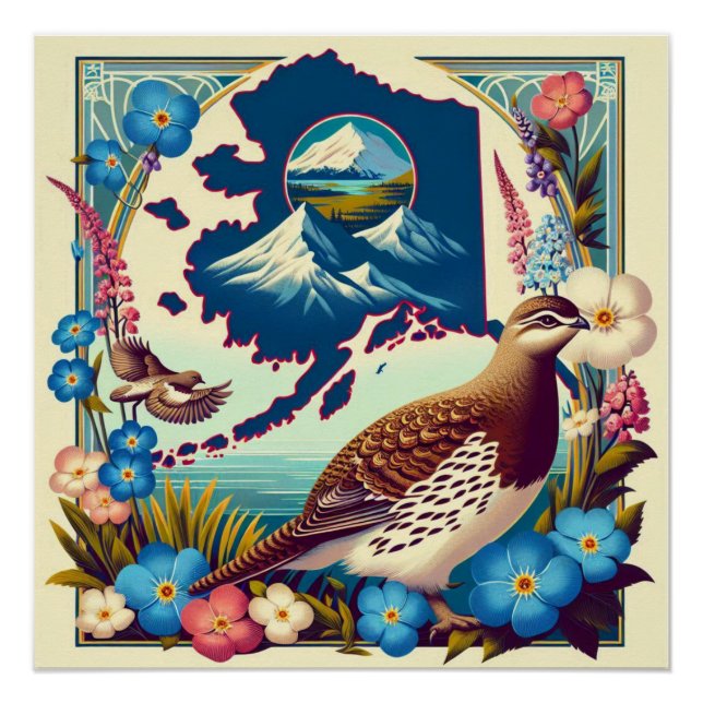 Póster Diseño de aves y flores en el estado de Alaska (Anverso)