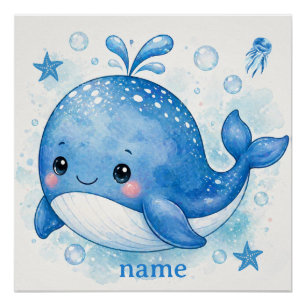 Póster diseño de ballena kawaii lindo