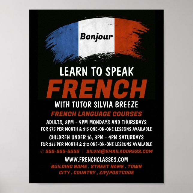 Póster Diseño de bandera francesa, curso de francés (Frente)
