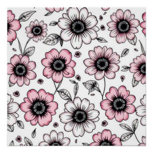 Póster diseño de boceto de flores y hojas rosadas