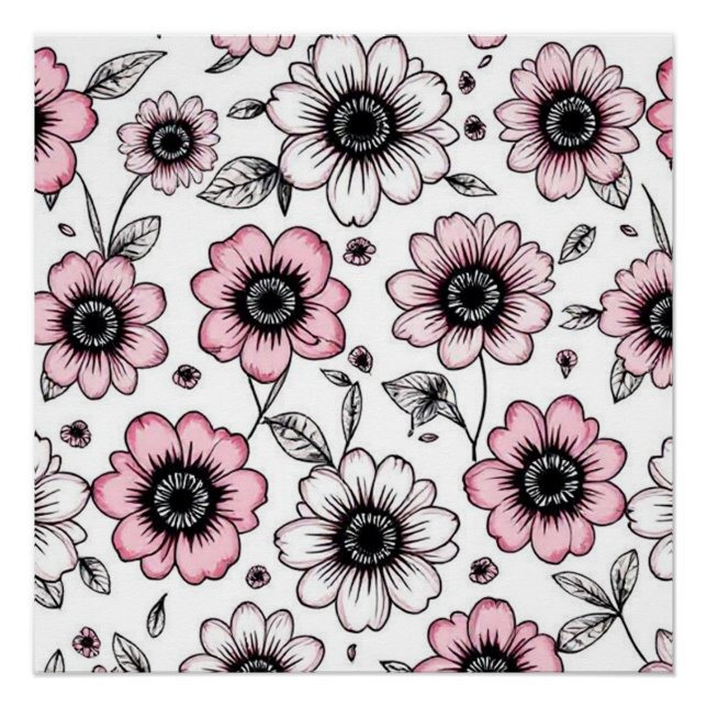 Póster diseño de boceto de flores y hojas rosadas (Anverso)