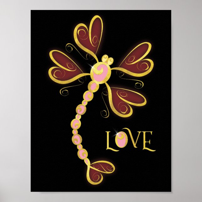 Póster Diseño de bonito de oro "Love" de la libélula silv (Frente)