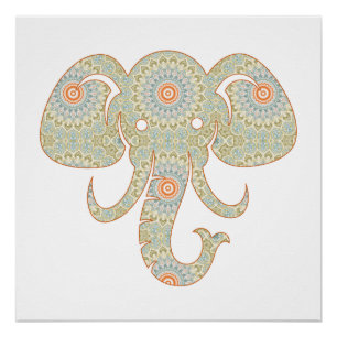 Póster Diseño de Cabeza de Elefante Mandala