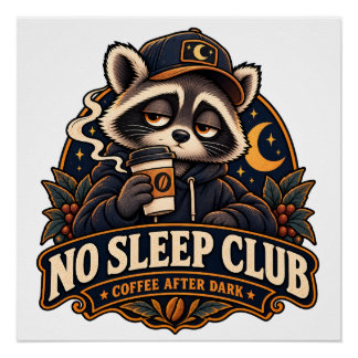 Póster Diseño de café divertido mapache turno noche