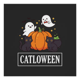 Póster Diseño de calabaza fantasma de gato divertido de C