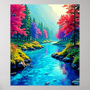 Póster Diseño de camino forestal soñador del río místico